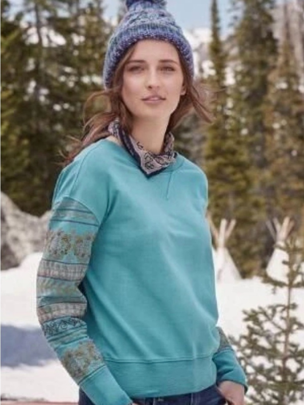 Sundance Teal Crewneck Sweater with Patterned embroidered sleeves